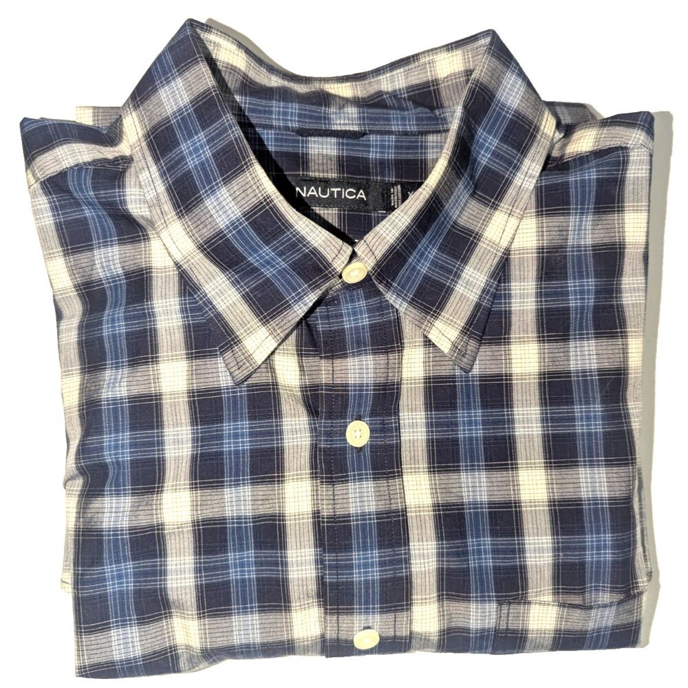 Nautica Men's Long Sleeve Button-up Shirt XL Blue White Black Plaid NWOT